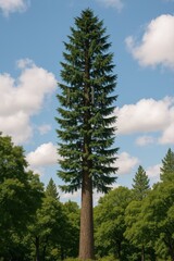 Fototapeta premium A cleverly disguised telecommunications tower stands tall in a lush landscape, camouflaged as a pine tree.