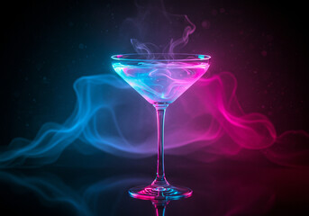 An enigmatic martini glass filled with a vibrant blue liquid swirling mysteriously within a smoky pink and blue backdrop illuminated with dramatic neon lighting creating a AI Generative