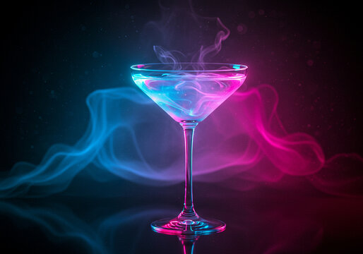 An enigmatic martini glass filled with a vibrant blue liquid swirling mysteriously within a smoky pink and blue backdrop illuminated with dramatic neon lighting creating a AI Generative