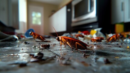 Cockroaches infest dirty kitchen floor