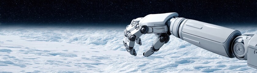 A robotic arm extends into space, showcasing advanced technology against a backdrop of distant stars and swirling clouds.
