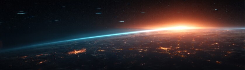 Fototapeta premium A stunning view of Earth from space, showcasing the horizon illuminated by a sunrise, with stars and atmospheric details enhancing the cosmic scene.