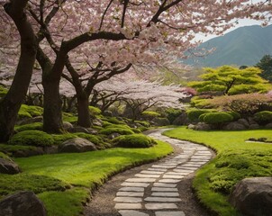 Serene pathway lined with cherry blossom trees in full bloom in a Japanese garden