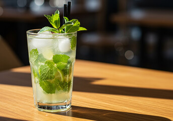 Refreshing mojito cocktail garnished with fresh mint and lime sunlit in a cafe setting cool summer drink vibrant green hues ice cubes light wooden table AI Generative