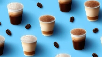 Layered coffee cups pattern, blue background. Food blog, menu