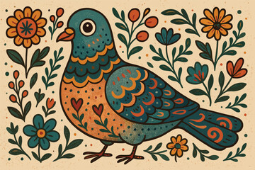 Obraz premium Colorful folk art illustration of a bird with floral pattern design for nature-themed decor