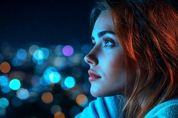 Person gazing contemplatively towards a glowing city skyline at night