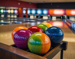 Close-up shot of colorful bowling balls arranged on a rack with glossy surfaces and unique designs
