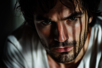 Fototapeta premium Close-up of a man with dark hair and stubble, looking serious 