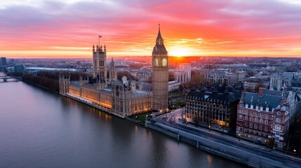Obraz premium London Sunset Over Parliament - Stunning aerial view of London's Houses of Parliament and Big Ben at sunset. Vibrant colors and city skyline