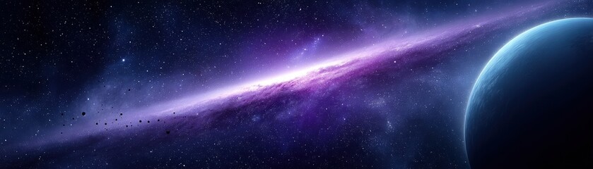 Naklejka premium A vibrant cosmic scene featuring a glowing galaxy and a distant planet, set against the backdrop of a starry universe.