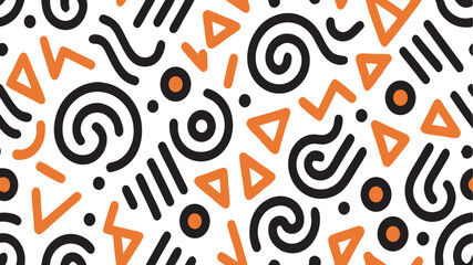 Seamless Memphis Geometric Pattern. Colorful Abstract 80s 90s Retro Background with Circles, Dots, Zigzags, Spirals, and Wavy Lines. Bright Orange Pink Fun Doodle Design for Kids.