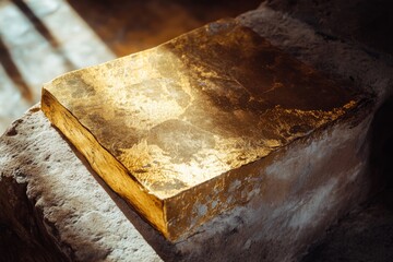 A gold sheet gleams in natural light, resting on a rustic stone surface, radiating opulence and simplicity.