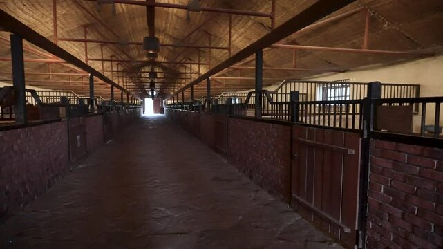 Long, empty stable aisle. Horse stall made of red brick, while the upper sections consist of black metal bars
