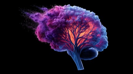 Mind Bloom: Tree of Thought - Abstract brain , resembling a vibrant tree bursting with color and energy, set against a black background