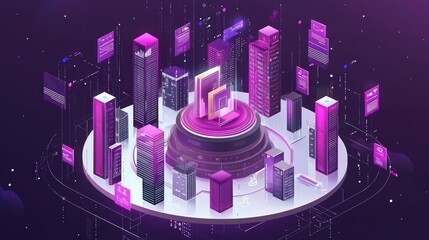 Data center city, digital infrastructure, network, technology, isometric illustration, website banner