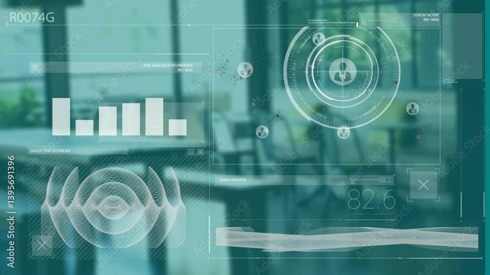 Poster displaying data analytics and network connections on digital interface in office