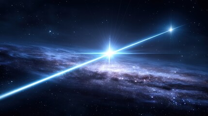 Obraz premium A stunning cosmic scene featuring a bright star and radiant beams of light amidst a starry galaxy backdrop.