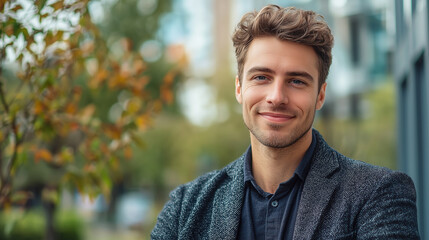 Happy young European professional business man, casual guy looking at camera, headshot close up face portrait 