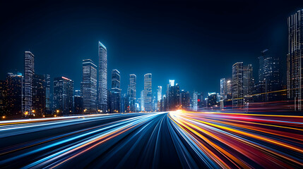 Fototapeta premium Night City Lights With Moving Traffic Trails