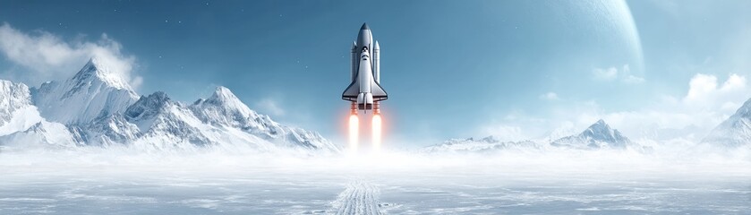 Naklejka premium A futuristic rocket launches from a snowy landscape with majestic mountains and a distant planet, symbolizing exploration and adventure.