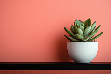 Minimalist succulent in a white pot on a dark shelf against a peach background 