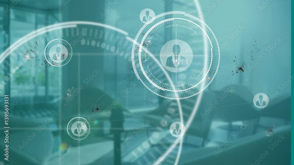 Poster digital network connections and data processing animation over modern office setting