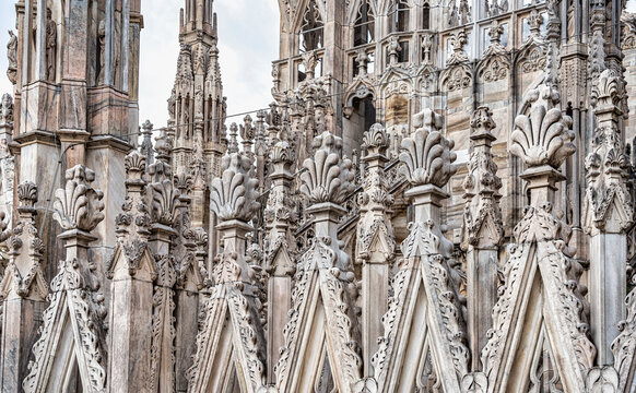 Ornamental Gothic Spires of Milan Cathedral (Duomo di Milano). Close Up Architectural Detail