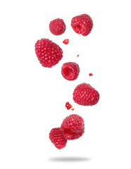 Ripe raspberries floating in the air close-up on a white background