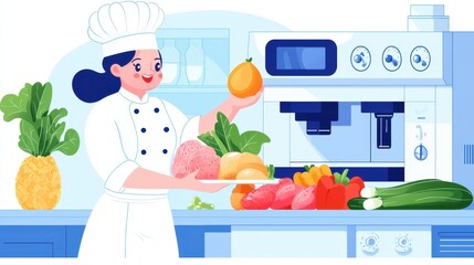 Chef inspecting fresh produce in a farm-to-table restaurant kitchen, selecting quality vegetables for cooking, light illustration style