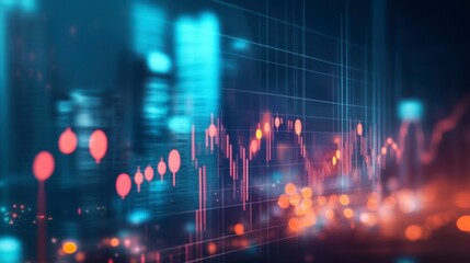 Abstract city lights with stock market graph overlay.
