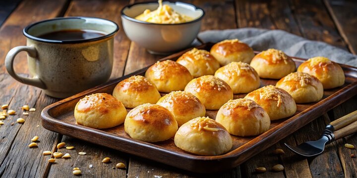 Delicious South American Chipas Cheese Buns Baking Tray Butter Coffee Breakfast