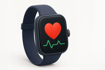 3D model smartwatch with a dark strap with a big red heart above a green electrocardiogram (ECG) line, indicating a heart rate or health monitoring feature. The background is plain and light-colored.