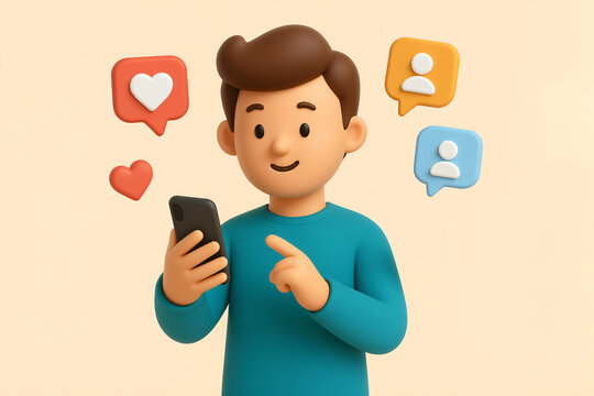 3D model illustration of a man using a smartphone interacting with it. Around him, there are social media icons, suggesting social interaction or notifications. Neutral light color background.
