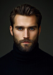 Fototapeta premium Stylish man with brown hair, blue eyes, and a beard wearing a black turtleneck against a neutral gray background 