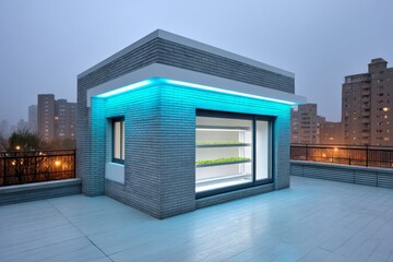 A cyberpunk-style rooftop farm in a neon city with glowing hydroponics and robot farmers