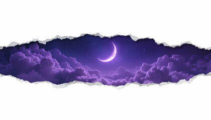 Obraz premium Aesthetic purple crescent moon and clouds in night sky with ripped paper effect isolated on white background. 