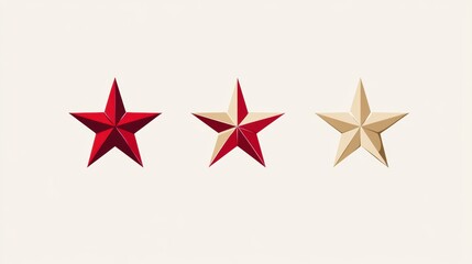 Three dimensional stars, red and beige, isolated on white background.