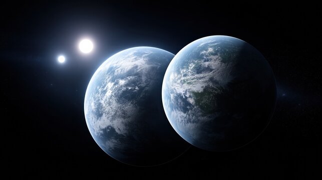 Two Earth-like planets orbiting a bright star system, set against a dark cosmic backdrop, highlighting the beauty of the universe.