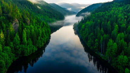 Wide-angle shot of a calm river reflecting the dense green forest and misty mountain landscape