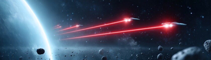 Obraz premium A futuristic scene of spaceships firing laser beams amidst asteroids, set against a distant planet in a cosmic environment.