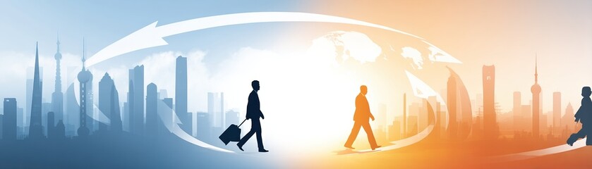 Obraz premium A silhouette illustration depicting business travelers against a backdrop of city skylines, symbolizing global connectivity and movement.