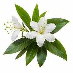 Fototapeta premium White Jasmine Flower with Green Leaves – Botanical Study on White Background for Essential Oils & Scents