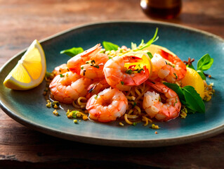 Savory shrimp dish arranged beautifully on a vibrant plate with garnishes Generative AI