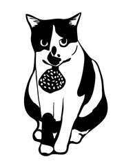 A black-and-white vector illustration featuring a staring tuxedo cat with a spotted bowtie, rendered in a minimalist stencil art style. Perfect for logos, prings, digital designs.