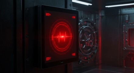 Red Screen Displaying Heartbeat in Dark Room Interior with Security