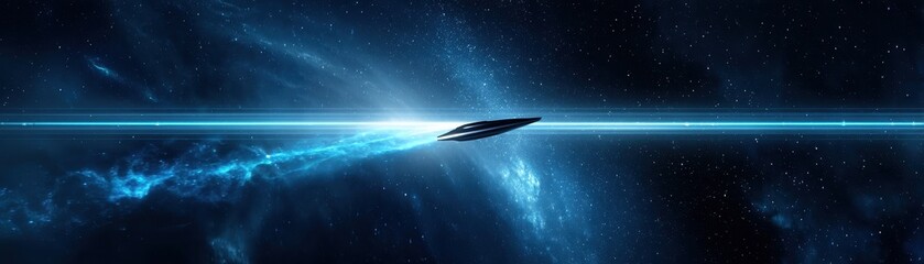 Obraz premium An abstract cosmic scene featuring a sleek, dark object gliding through vibrant blue and purple space, surrounded by stars and luminous trails.