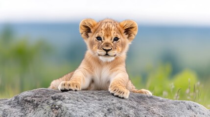 Obraz premium Lion Cub on Rock Soft Fur, Stunning Clarity, Shallow Depth of Field, Front View, Adorable Expression, Resting Pose, Serengeti Background, Warm Golden Hues, Perfect for Wildlife Calendars