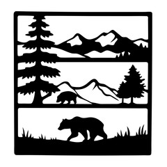 Fototapeta premium Majestic Mountain Scenery with Grizzly Bears and Evergreen Trees in a Panoramic Landscape Illustration