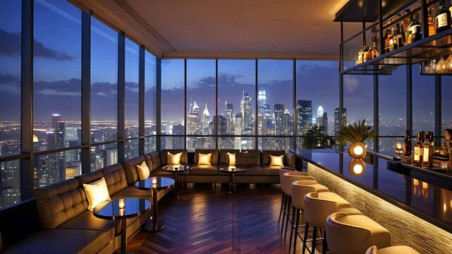Modern rooftop lounge with panoramic city skyline view, stylish interior lighting, elegant bar seating and floor-to-ceiling glass windows

